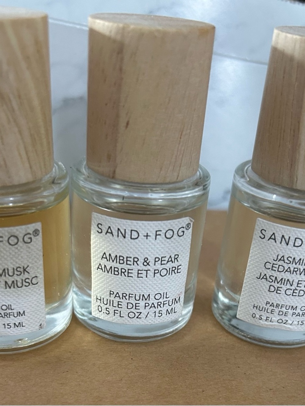 SAND+FOG 3  Amber & Pear Parfum Oil, Vanilla Musk, Jasmine & Cedarwood 15ml each